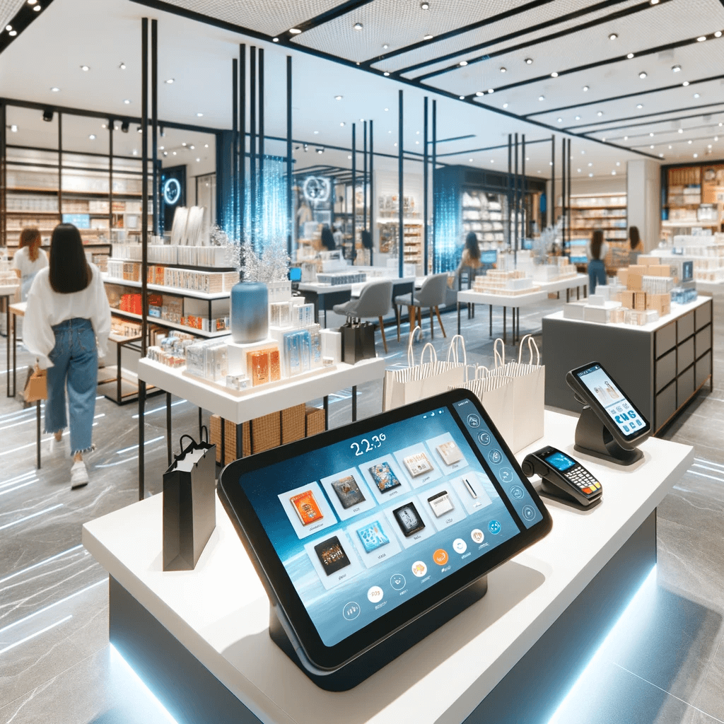 現代零售店：利用最新ePOS系統為顧客提供無縫購物體驗的現代零售店，配備數位產品展示、互動信息亭和智能支付解決方案。