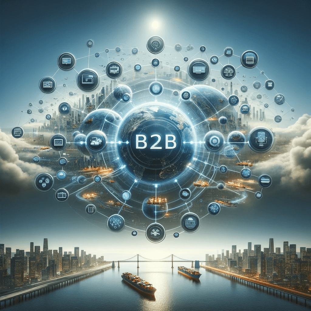 大灣區全渠道整合願景：展示了在大灣區內線上B2B電商平台與線下商業操作無縫連接的全渠道整合，視覺化包括數字和實體商業活動的網絡，象徵不同銷售渠道之間的全面整合和協同作用。