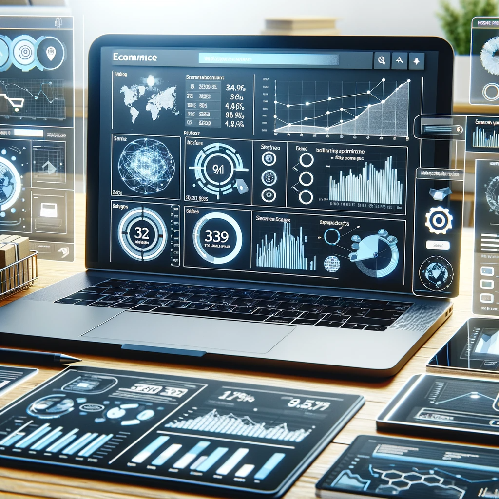 eCommerce data analysis dashboard, displaying various indicators and data visualizations such as sales figures, customer behavior, and market trends.