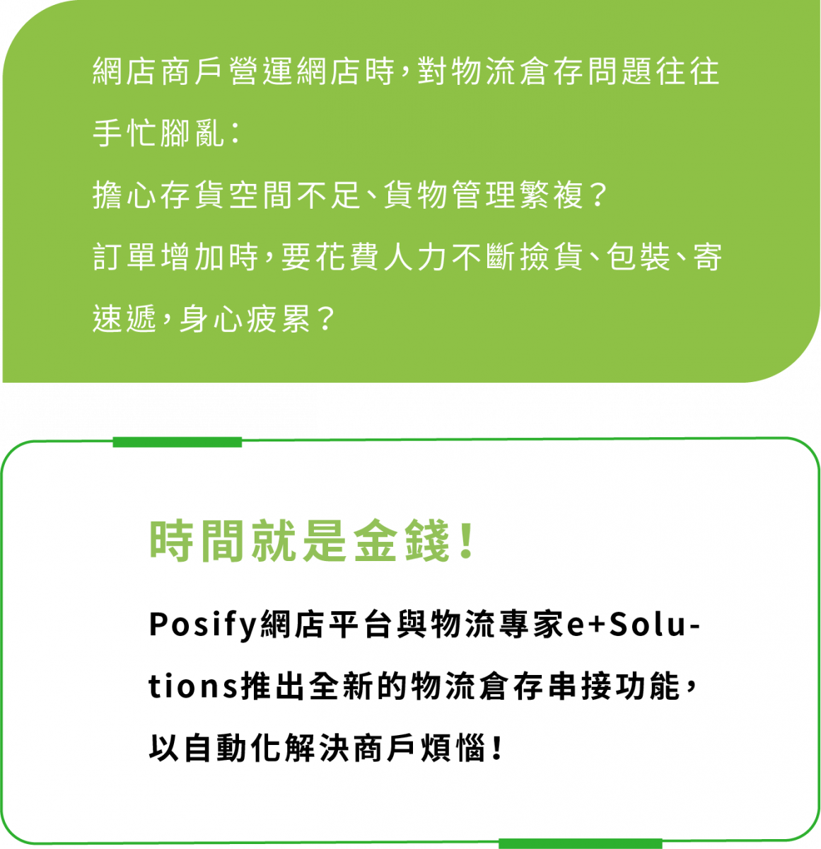 網店商戶營運網店時，對物流倉存問題往往手忙腳亂：  擔心存貨空間不足、貨物管理繁複？時間就是金錢！      Posify網店平台與物流專家e Solutions推出全新的物流倉存串接功能，以自動化解決商戶煩惱！  訂單增加時，要花費人力不斷撿貨、包裝、寄速遞，身心疲累？