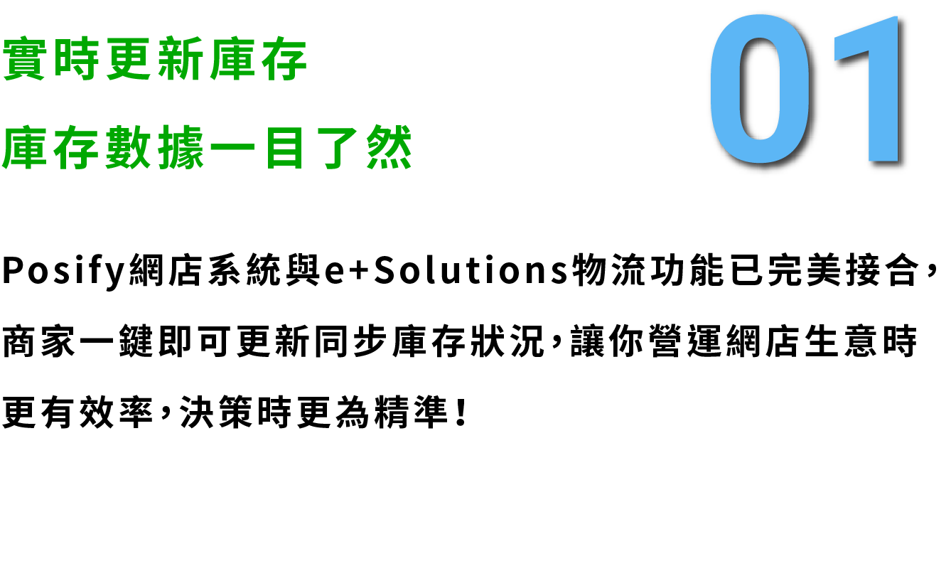 實時更新庫存，庫存數據一目了然，Posify網店系統與e+Solutions物流功能已完美接合，商家一鍵即可更新同步庫存狀況，讓你營運網店生意時更有效率，決策時更為精準！