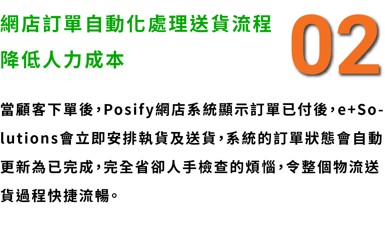 網店訂單自動化處理送貨流程，降低人力成本，當顧客下單後，Posify網店系統顯示訂單已付後，e+Solutions會立即安排執貨及送貨，系統的訂單狀態會自動更新為已完成，完全省卻人手檢查的煩惱，令整個物流送貨過程快捷流暢。